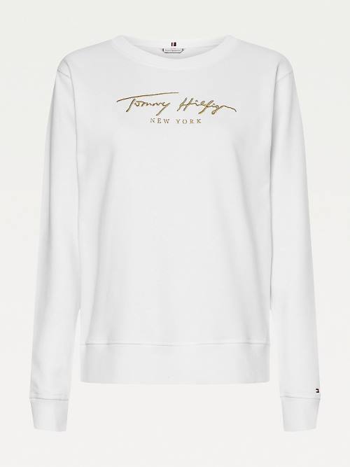 Tommy Hilfiger Gold Signature Embroidery Crew Neck Pulóver Női Fehér | TH209KPS