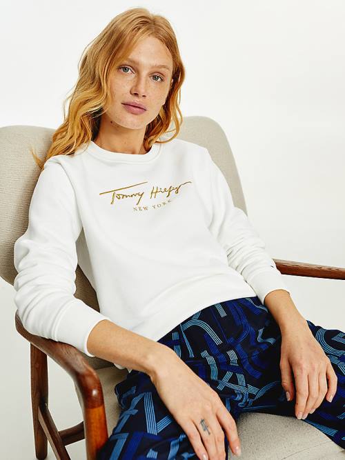 Tommy Hilfiger Gold Signature Embroidery Crew Neck Pulóver Női Fehér | TH209KPS