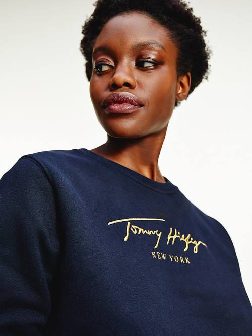 Tommy Hilfiger Gold Signature Embroidery Crew Neck Pulóver Női Kék | TH403MSJ