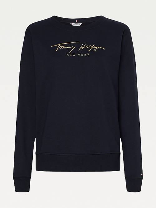 Tommy Hilfiger Gold Signature Embroidery Crew Neck Pulóver Női Kék | TH403MSJ