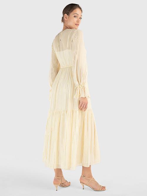 Tommy Hilfiger Gold Stripe Silk Blend Maxi Ruha Női Fehér | TH671OCM