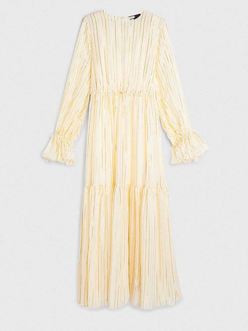 Tommy Hilfiger Gold Stripe Silk Blend Maxi Ruha Női Fehér | TH671OCM