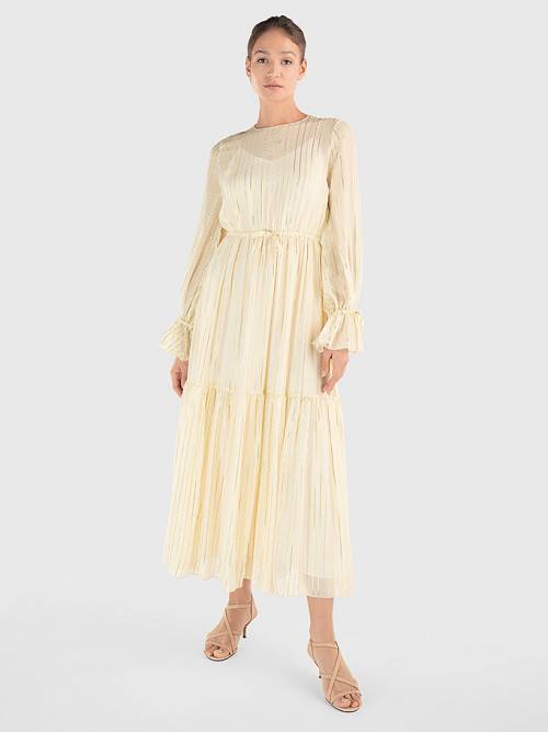 Tommy Hilfiger Gold Stripe Silk Blend Maxi Ruha Női Fehér | TH671OCM