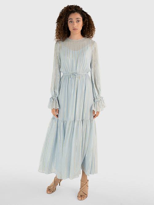 Tommy Hilfiger Gold Stripe Silk Blend Maxi Ruha Női Kék | TH927NAS