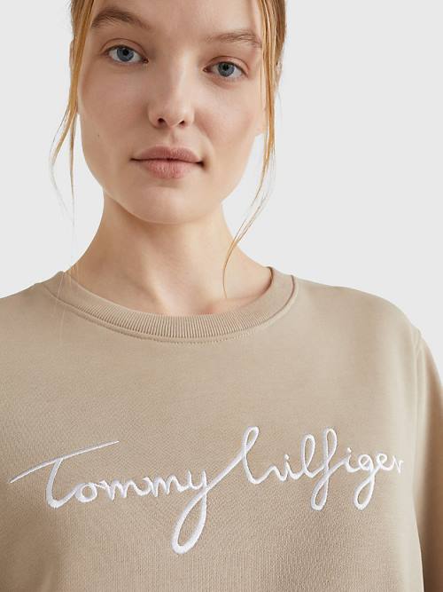 Tommy Hilfiger Graphic Crew Neck Pulóver Női Bézs | TH128HWN