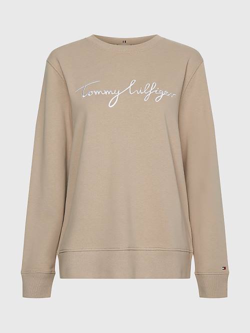 Tommy Hilfiger Graphic Crew Neck Pulóver Női Bézs | TH128HWN