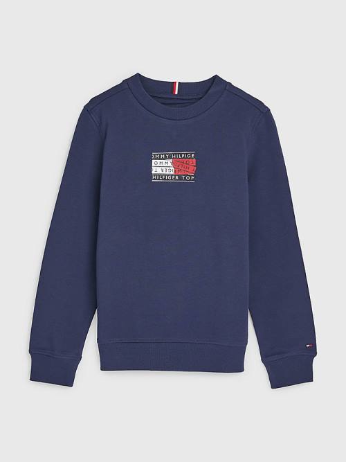 Tommy Hilfiger Graphic Tape Logo Pulóver Fiú Kék | TH792GQZ