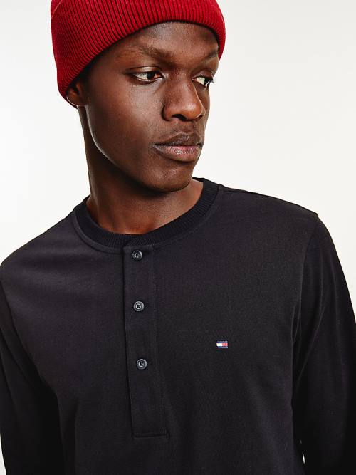 Tommy Hilfiger Henley Long Sleeve Organic Pamut Póló Férfi Fekete | TH260EPQ