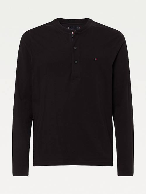 Tommy Hilfiger Henley Long Sleeve Organic Pamut Póló Férfi Fekete | TH260EPQ