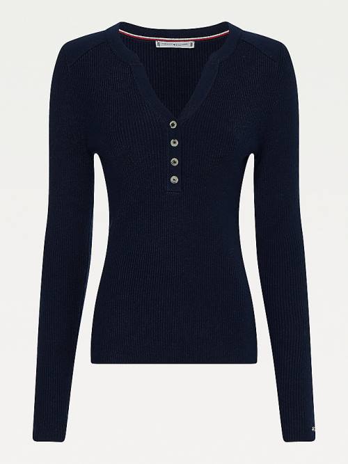 Tommy Hilfiger Henley Ribbed Wool Blend Jumper Pulóverek Női Kék | TH201KAT