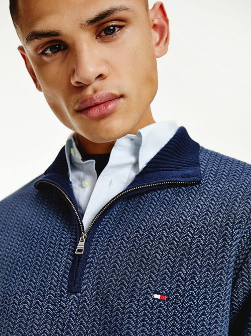 Tommy Hilfiger Herringbone Knit Half-Zip Jumper Pulóverek Férfi Kék | TH132QKD