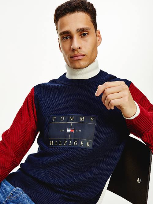 Tommy Hilfiger Icons Colour-Blocked Mixed Knit Jumper Pulóverek Férfi Kék | TH815UDT