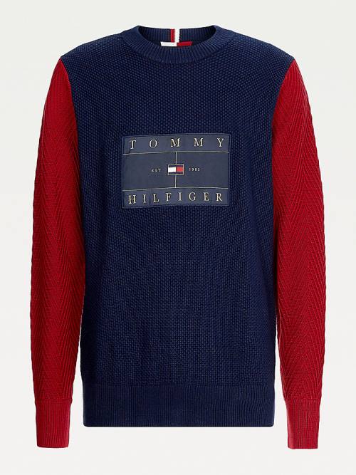 Tommy Hilfiger Icons Colour-Blocked Mixed Knit Jumper Pulóverek Férfi Kék | TH815UDT