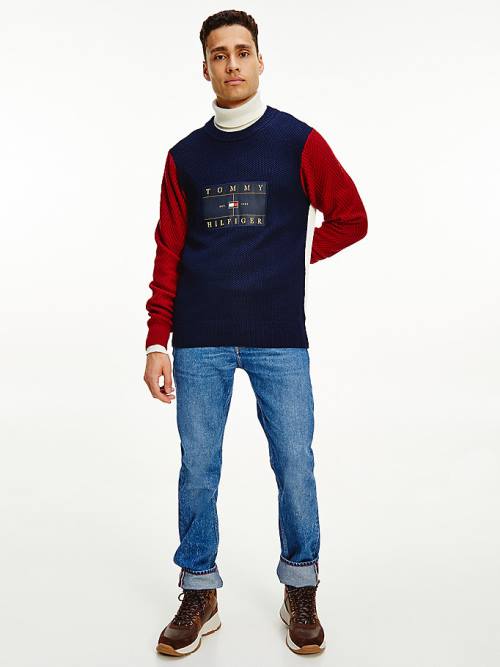 Tommy Hilfiger Icons Colour-Blocked Mixed Knit Jumper Pulóverek Férfi Kék | TH815UDT