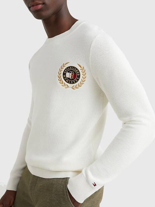 Tommy Hilfiger Icons Crest Embroidery Jumper Pulóverek Férfi Fehér | TH148YXM