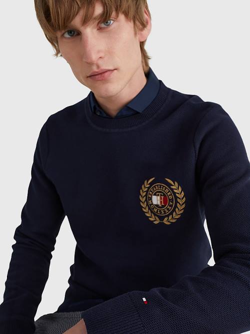 Tommy Hilfiger Icons Crest Embroidery Jumper Pulóverek Férfi Kék | TH781FVB