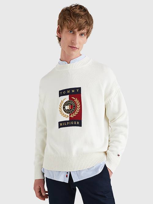 Tommy Hilfiger Icons Intarsia Graphic Jumper Pulóverek Férfi Fehér | TH287KPM