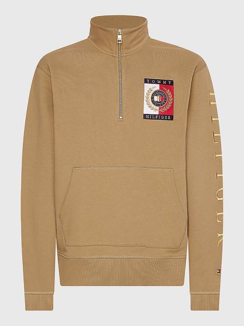 Tommy Hilfiger Icons Logo Half-Zip Kapucnis Pulóver Férfi Barna | TH425RCO