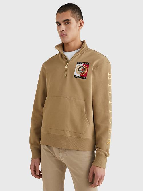 Tommy Hilfiger Icons Logo Half-Zip Kapucnis Pulóver Férfi Barna | TH425RCO