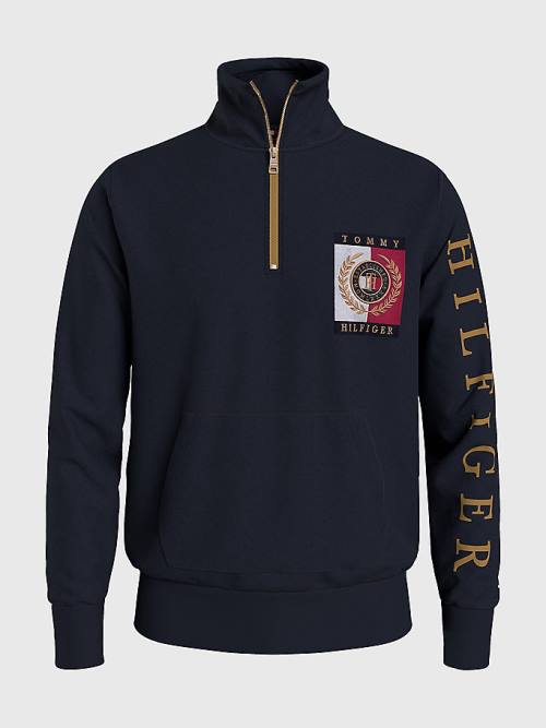 Tommy Hilfiger Icons Logo Half-Zip Kapucnis Pulóver Férfi Kék | TH624SLO