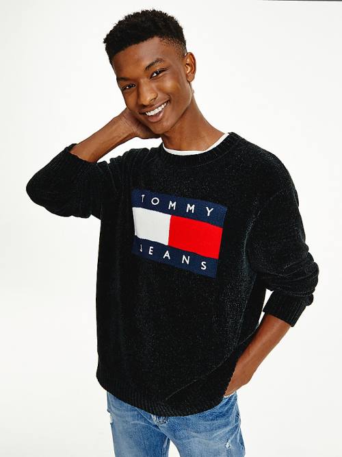 Tommy Hilfiger Intarsia Flag Relaxed Fit Jumper Pulóverek Férfi Fekete | TH593EZA