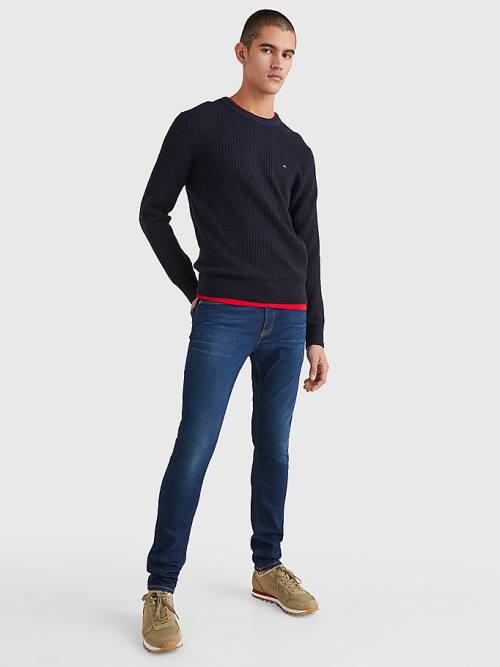 Tommy Hilfiger Knitted Grid Check Crew Neck Jumper Pulóverek Férfi Kék | TH618FCQ