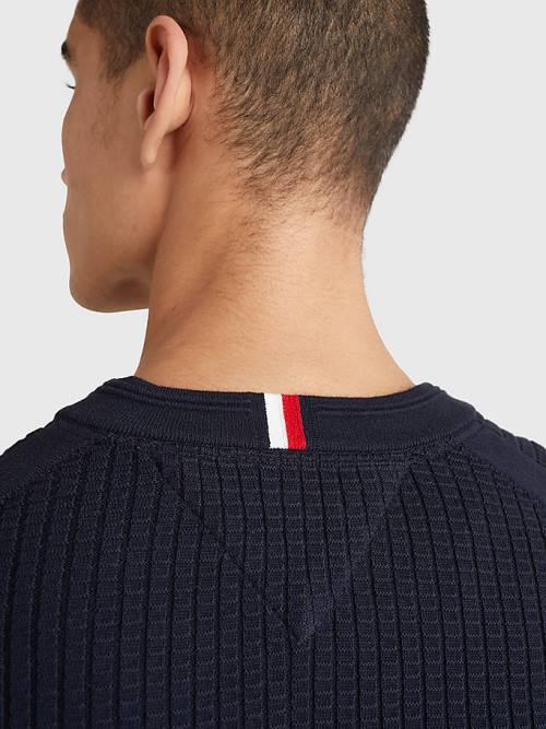 Tommy Hilfiger Knitted Grid Check Crew Neck Jumper Pulóverek Férfi Kék | TH618FCQ