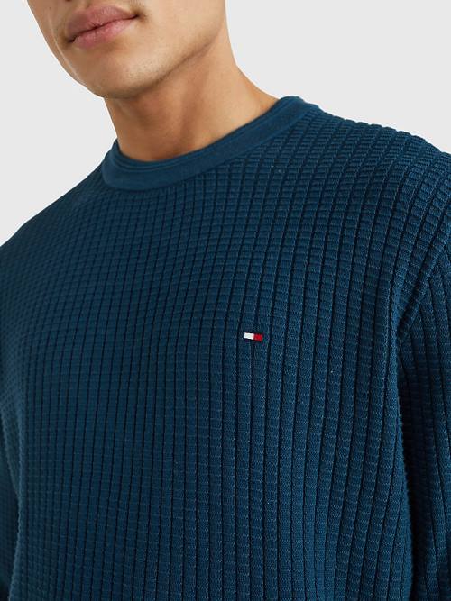 Tommy Hilfiger Knitted Grid Check Crew Neck Jumper Pulóverek Férfi Kék | TH680AHZ