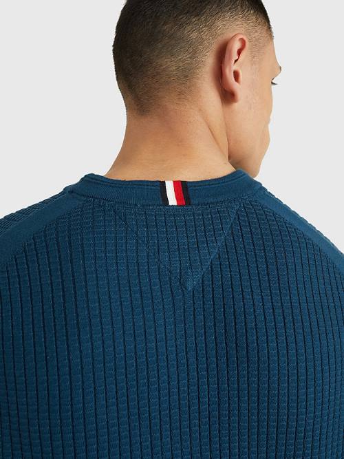 Tommy Hilfiger Knitted Grid Check Crew Neck Jumper Pulóverek Férfi Kék | TH680AHZ