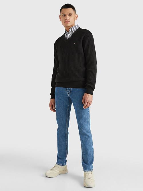 Tommy Hilfiger Knitted Grid Check V-Neck Jumper Pulóverek Férfi Fekete | TH586NSP