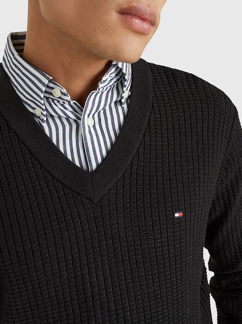 Tommy Hilfiger Knitted Grid Check V-Neck Jumper Pulóverek Férfi Fekete | TH586NSP