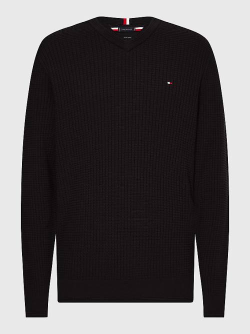 Tommy Hilfiger Knitted Grid Check V-Neck Jumper Pulóverek Férfi Fekete | TH586NSP