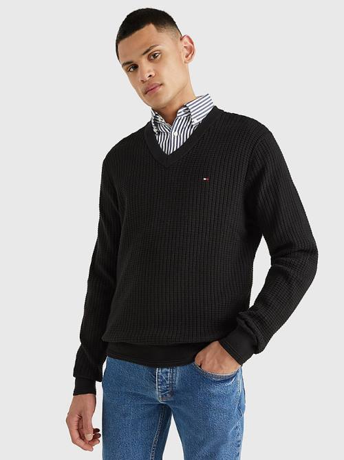 Tommy Hilfiger Knitted Grid Check V-Neck Jumper Pulóverek Férfi Fekete | TH586NSP