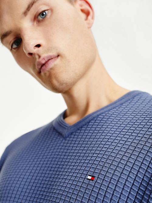 Tommy Hilfiger Knitted Grid Check V-Neck Jumper Pulóverek Férfi Kék | TH720SUG