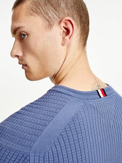 Tommy Hilfiger Knitted Grid Check V-Neck Jumper Pulóverek Férfi Kék | TH720SUG