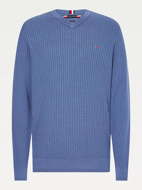 Tommy Hilfiger Knitted Grid Check V-Neck Jumper Pulóverek Férfi Kék | TH720SUG