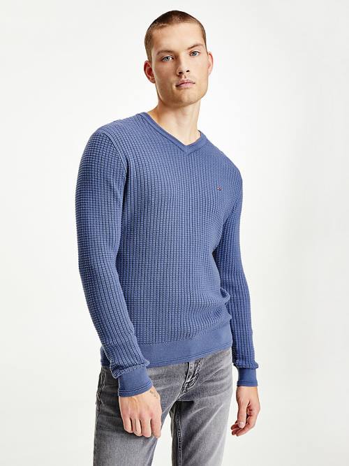 Tommy Hilfiger Knitted Grid Check V-Neck Jumper Pulóverek Férfi Kék | TH720SUG