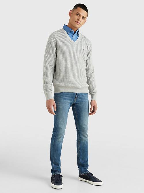 Tommy Hilfiger Knitted Grid Check V-Neck Jumper Pulóverek Férfi Szürke | TH791GRW