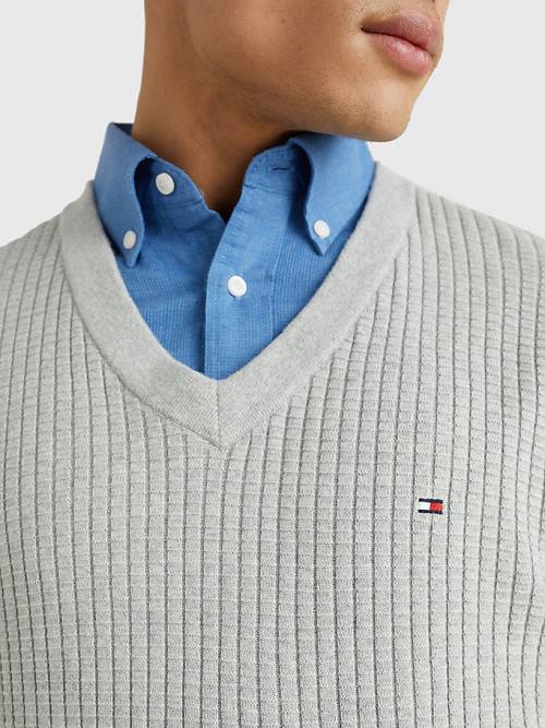 Tommy Hilfiger Knitted Grid Check V-Neck Jumper Pulóverek Férfi Szürke | TH791GRW