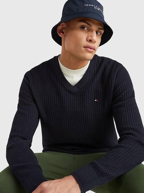 Tommy Hilfiger Knitted Grid Check V-Neck Jumper Pulóverek Férfi Kék | TH837XYL