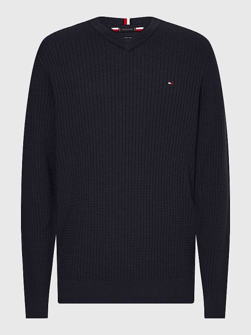 Tommy Hilfiger Knitted Grid Check V-Neck Jumper Pulóverek Férfi Kék | TH837XYL