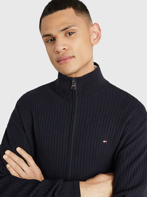 Tommy Hilfiger Knitted Grid Check Zip-Thru Jumper Pulóverek Férfi Kék | TH750TYM