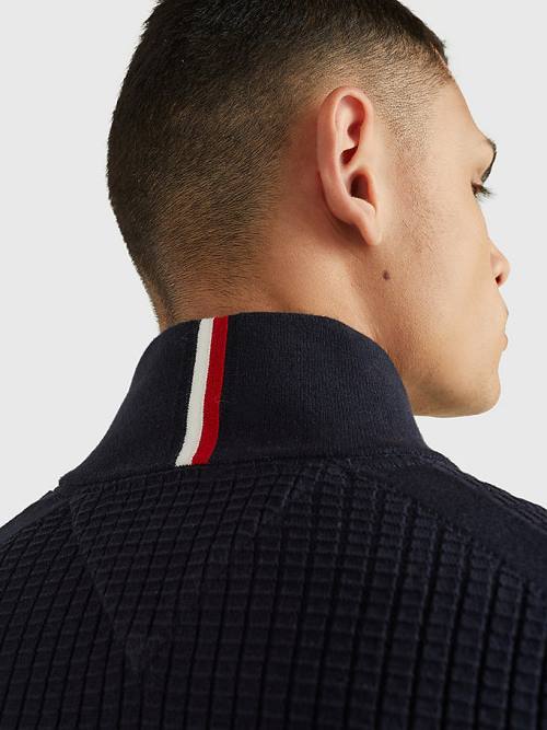 Tommy Hilfiger Knitted Grid Check Zip-Thru Jumper Pulóverek Férfi Kék | TH750TYM