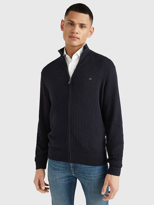 Tommy Hilfiger Knitted Grid Check Zip-Thru Jumper Pulóverek Férfi Kék | TH750TYM