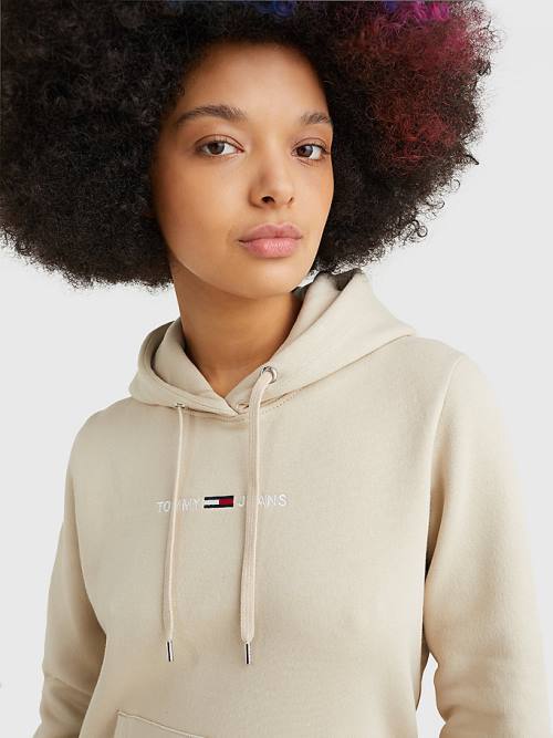 Tommy Hilfiger Linear Logo Kapucnis Pulóver Női Bézs | TH627ORI