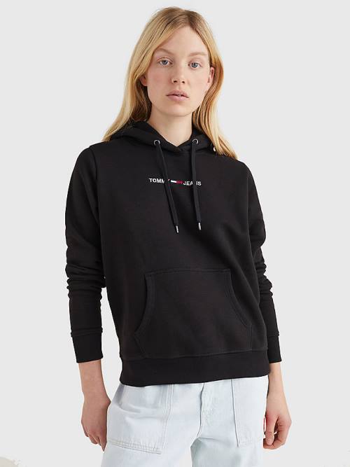 Tommy Hilfiger Linear Logo Kapucnis Pulóver Női Fekete | TH940DSL