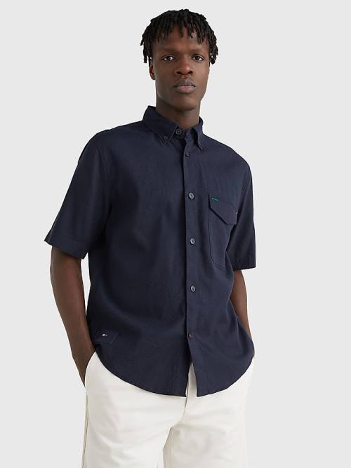 Tommy Hilfiger Linen Blend Rövid Sleeve Ingek Férfi Kék | TH371TME