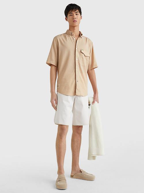 Tommy Hilfiger Linen Blend Rövid Sleeve Ingek Férfi Bézs | TH601NFC