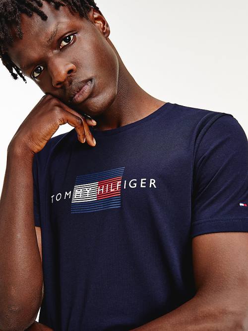 Tommy Hilfiger Lines Logo Organic Pamut Póló Férfi Kék | TH924HRO