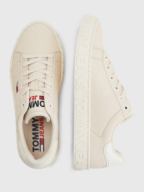 Tommy Hilfiger Logo Bőr Cupsole Tornacipő Női Bézs | TH194QFD